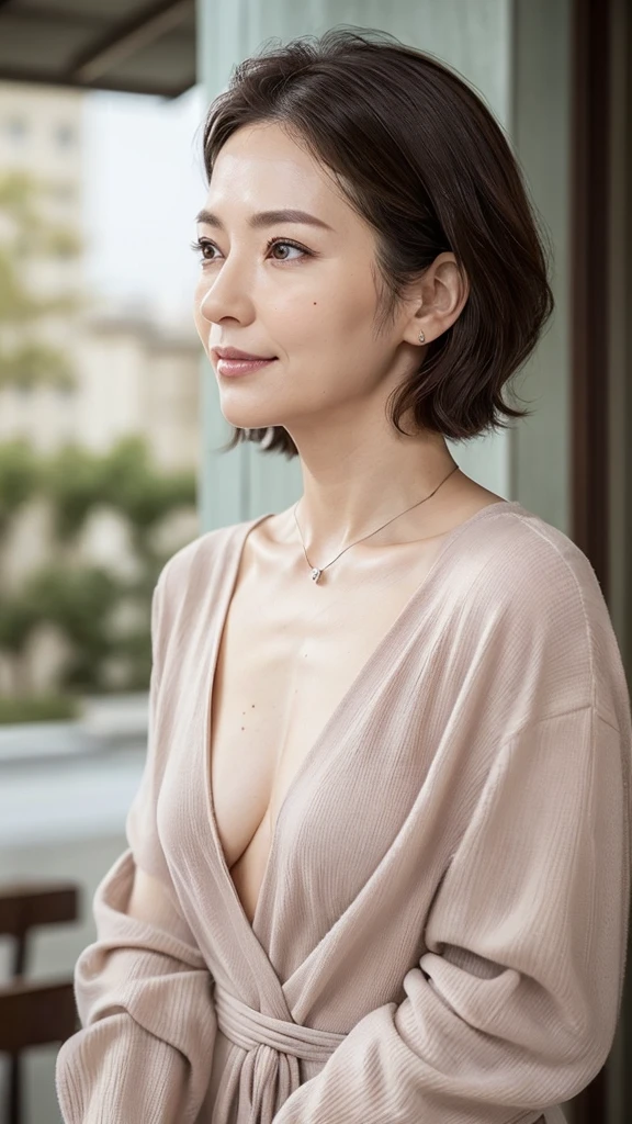 (8K, top-quality, masterpiece:1.3, 超A high resolution, A hyper-realistic), High Detail, (Face like the real thing), realisitic, Photorealsitic:1.37, Raw foto, ((one beautiful women)), Detailed face, beautidful eyes, realisticeyes, Eyes in Beautiful Details, (real looking skin), Beautiful skins, enticing, depth of fields, hight resolution, High pixel count, ((Sideways face, Looking away, Don't look your audience in the eye, Don't look at the camera)), fashionable cafe, The background is also in the picture, clear details, sharp photo, Natural color reproduction, Noise Reduction, High fidelity, Small pendant in silver color, A small necklace in silver color, (Wine-colored light knit U-neck shirt, Neat and clean clothing, Clothing that makes it difficult to see the chest, Clothing that makes it difficult to see the chest, Clothes with hidden breasts), small tits, Sexy lips, Ears are visible, a smile, kindly smile, Beautiful skins, enticing, the golden ratio, (Detal Face:1.2), profetional lighting, Lighting the face, best light, japanes, A Japanese Lady, Japan Mature Woman, a matural female, Short Bob Hair, ((sixty years old, Beautiful, Wrinkles on the face, Wrinkles at the corners of the eyes, Nasolabial fold wrinkles, Small wrinkles, Beautiful, Beautiful Aunt, Moderate moles, Small mole on the face)), The whole picture, Overall photo, Photo from the waist up