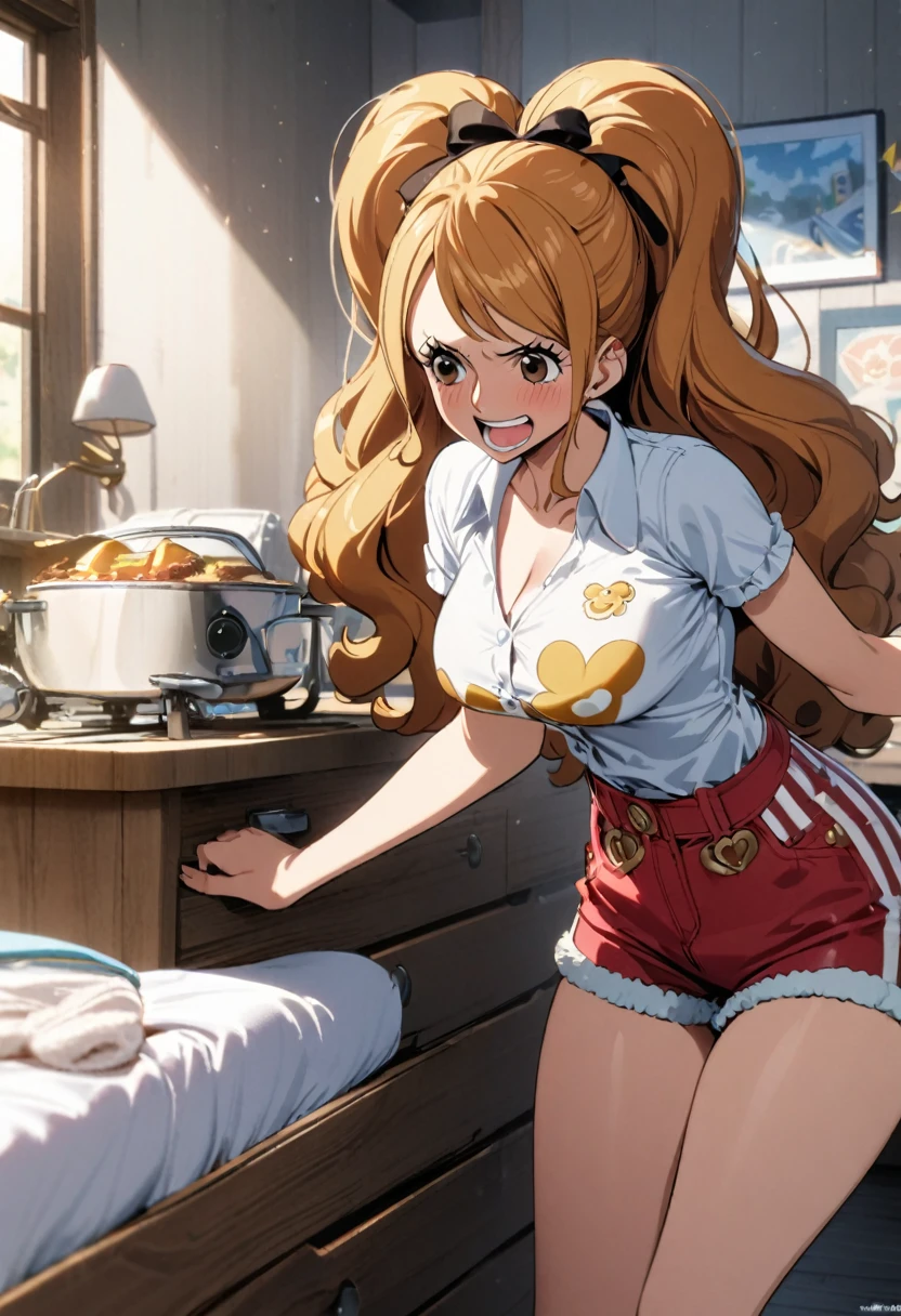 1girl, charlotte pudding, one piece,shirt,shorts,room,masterpiece, best quality, absurdres,
