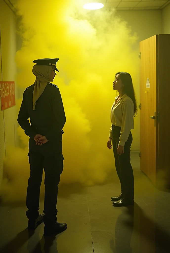 ((speed)),yellow smoke,I was attacked by a fart, (((Women who fart))),(Girl farts while interrogating a prisoner,speed,(yellow smoke is rising))(Female Police Officer), (Wearing a police uniform),(Stand facing the screen),(her butt is facing the screen)) (Wearing a hijab with your hands wrapped around your buttocks))(asian woman),(interrogation room ),(masterpiece:1.2、top quality)、(very detailed CG Unity 8K 배경화면、very detailed、best shadow)、(detailed background)、(best lighting、very delicate and beautiful)、depth of field、1 girl、solo、looking upward、