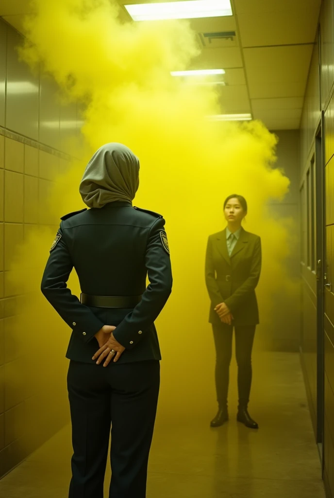 ((speed)),yellow smoke,I was attacked by a fart, (((Women who fart))),(Girl farts while interrogating a prisoner,speed,(yellow smoke is rising))(Female Police Officer), (Wearing a police uniform),(Stand facing the screen),(her butt is facing the screen)) (Wearing a hijab with your hands wrapped around your buttocks))(asian woman),(interrogation room ),(masterpiece:1.2、top quality)、(very detailed CG Unity 8K 배경화면、very detailed、best shadow)、(detailed background)、(best lighting、very delicate and beautiful)、depth of field、1 girl、solo、looking upward、