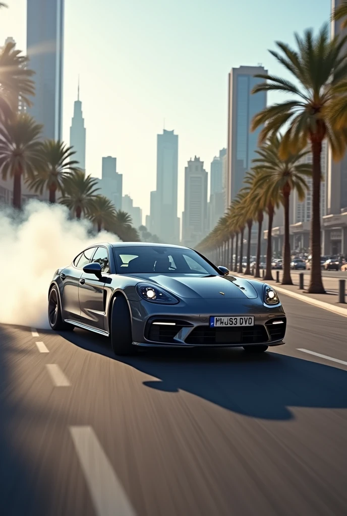 Porsche Panamera drifting in Dubai on a sunny day 