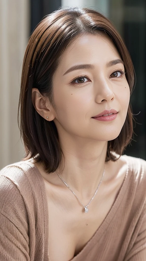 (8K, top-quality, masterpiece:1.3, 超A high resolution, A hyper-realistic), High Detail, (Face like the real thing), realisitic, Photorealsitic:1.37, Raw foto, ((one beautiful women)), Detailed face, beautidful eyes, realisticeyes, Eyes in Beautiful Details, (real looking skin), Beautiful skins, enticing, depth of fields, hight resolution, High pixel count, ((Sideways face, Looking away, Don't look your audience in the eye, Don't look at the camera)), fashionable cafe, The background is also in the picture, clear details, sharp photo, Natural color reproduction, Noise Reduction, High fidelity, Small pendant in silver color, A small necklace in silver color, (Wine-colored light knit U-neck shirt, Neat and clean clothing, Clothing that makes it difficult to see the chest, Clothing that makes it difficult to see the chest, Clothes with hidden breasts), small tits, Sexy lips, Ears are visible, a smile, kindly smile, Beautiful skins, enticing, the golden ratio, (Detal Face:1.2), profetional lighting, Lighting the face, best light, japanes, A Japanese Lady, Japan Mature Woman, a matural female, Short Bob Hair, ((sixty years old, Beautiful, Wrinkles on the face, Wrinkles at the corners of the eyes, Nasolabial fold wrinkles, Small wrinkles, Beautiful, Beautiful Aunt, Moderate moles, Small mole on the face)), The whole picture, Overall photo, Photo from the waist up