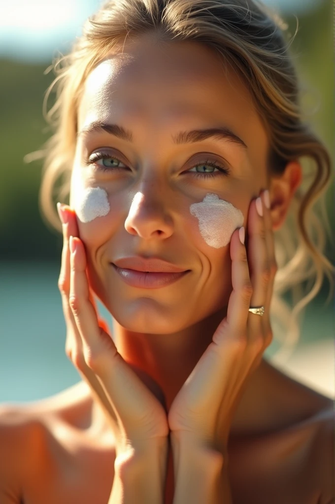A video of a woman applying SOLEALUX sunscreen