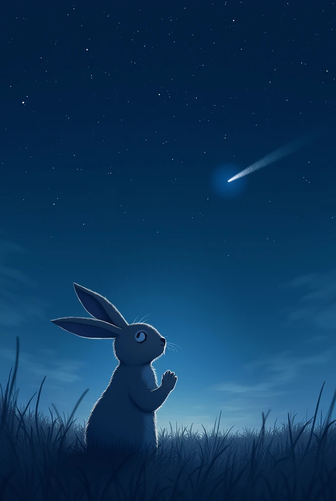 : A deep blue sky was studded with stars. Luna, a miserly rabbit, looks up and prays on a shooting star.]