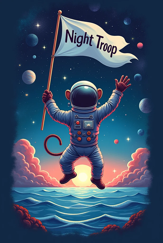 Create an animated back design for a shirt with an outer space feel. , sea and astronaut monkey holding a flag with night troop written on it