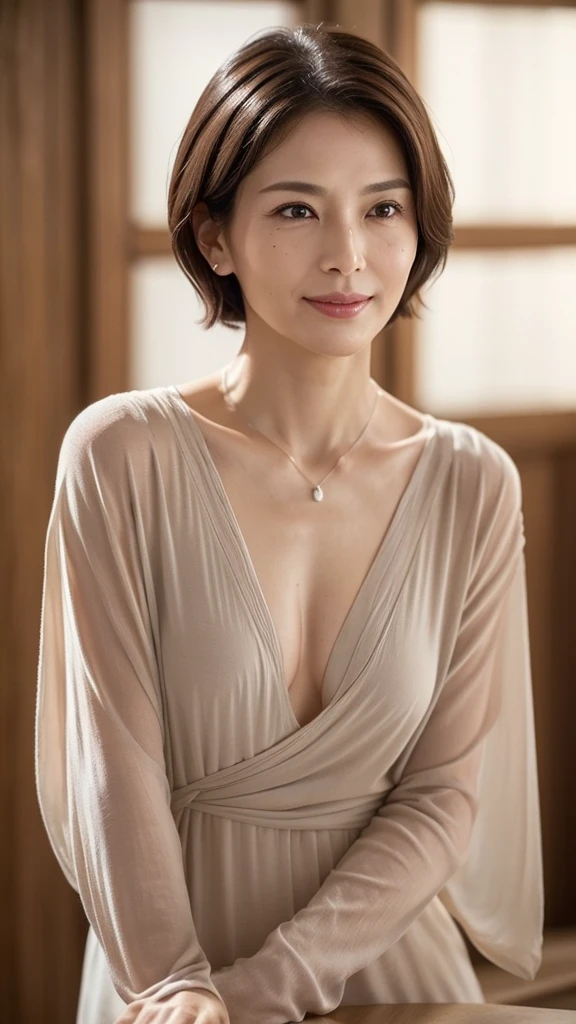 (8K, top-quality, ​masterpiece:1.3, 超A high resolution, A hyper-realistic), High Detail, (Face like the real thing), realisitic, Photorealsitic:1.37, Raw foto, ((one beautiful women)), Detailed face, beautidful eyes, realisticeyes, Eyes in Beautiful Details, (real looking skin), Beautiful skins, enticing, depth of fields, hight resolution, High pixel count, ((Sideways face, Looking away, Don't look your audience in the eye, Don't look at the camera)), fashionable cafe, The background is also in the picture, clear details, sharp photo, Natural color reproduction, Noise Reduction, High fidelity, Small pendant in silver color, A small necklace in silver color, (Wine-colored light knit U-neck shirt, Neat and clean clothing, Clothing that makes it difficult to see the chest, Clothing that makes it difficult to see the chest, Clothes with hidden breasts), small tits, Sexy lips, Ears are visible, a smile, kindly smile, Beautiful skins, enticing, the golden ratio, (Detal Face:1.2), profetional lighting, Lighting the face, best light, japanes, A Japanese Lady, Japan Mature Woman, a matural female, Short Bob Hair, ((sixty years old, Beautiful, Wrinkles on the face, Wrinkles at the corners of the eyes, Nasolabial fold wrinkles, Small wrinkles, Beautiful, Beautiful Aunt, Moderate moles, Small mole on the face)), The whole picture, Overall photo, Photo from the waist up