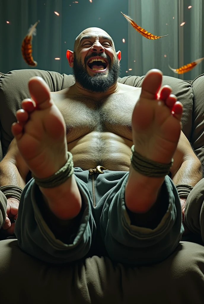 A handsome,Orc with abs tied to the sofa,Shoes taken off,Revealing two big bare feet,Both feet are locked in the foot,Feet raised,Soles facing forward,Five toes tied with rope in foot,His hands were tied tightly to one end of the sofa.,His upper body was stripped,Wearing only a pair of trousers,Being tickled by a man in a cap,His armpits were constantly tickled by feathers.,The soles of his feet were being scratched by two brushes.,The toes are also tickled by the feathers growing from the toes.。The abdomen is scratched with a brush,And he laughed,Struggling hysterically,Swinging his two feet,I want to escape from this nightmare.,But can only endure the punishment of being tickled。*(Have an expression of laughing like being tickled,Keep your feet elevated,The soles of your feet should face the screen)