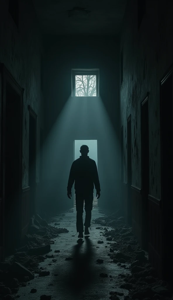Man walking in an abandoned house in pitch darkness, 
