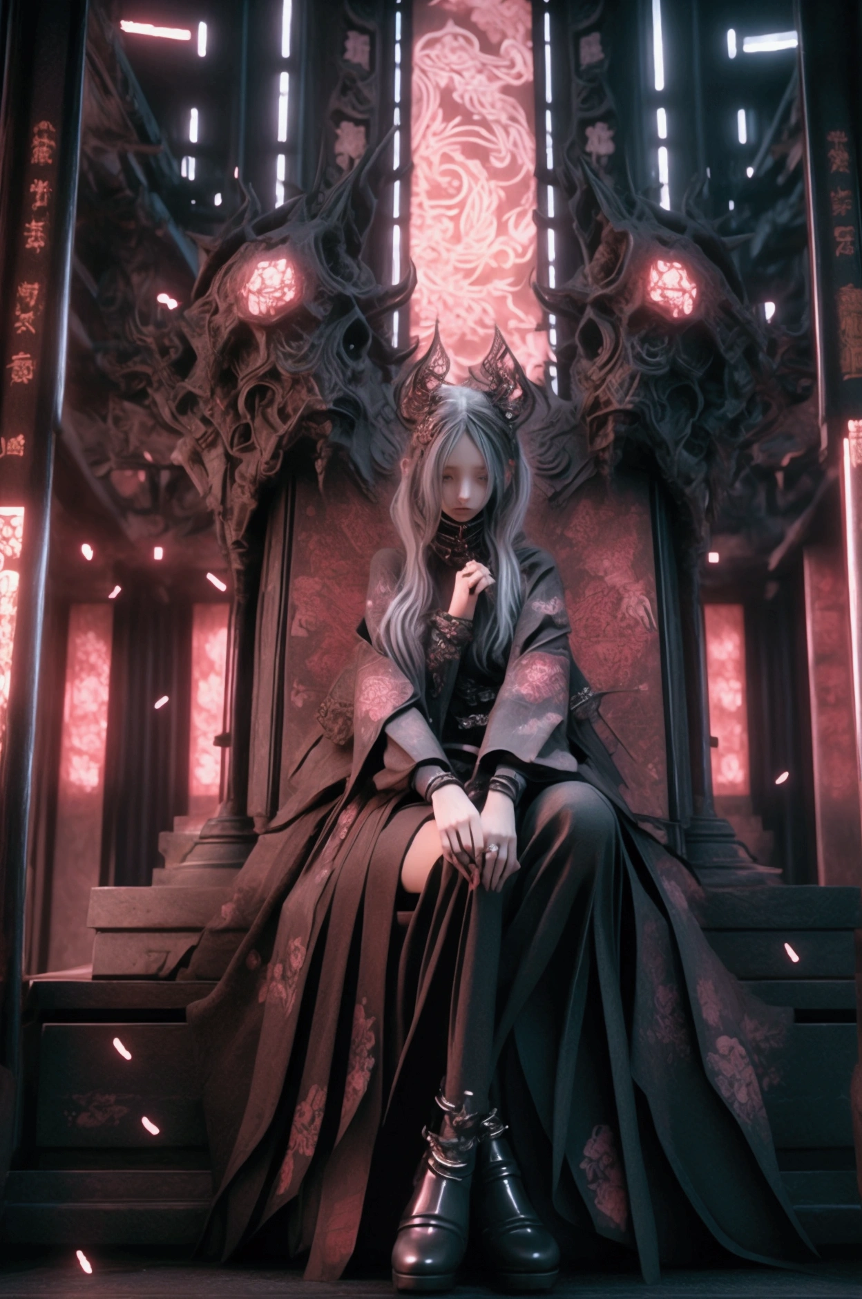 dauntindaun female、From below,front,Full Shot,Grindaunting pose,look up,eye shadow,,boots,Game character costumes,novel,Gothicta,dress,boots,image color: Black and Red、lanthanum, cherry blossoms, petals in the wind, Calm, mysterious, high quality, Dark look,Detailed eye design,3D Rendering,
ting intervention pause