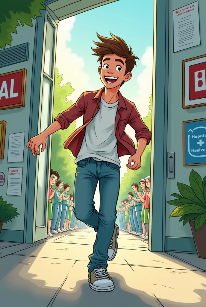 Cartoon of a age boy leaving a hospital
