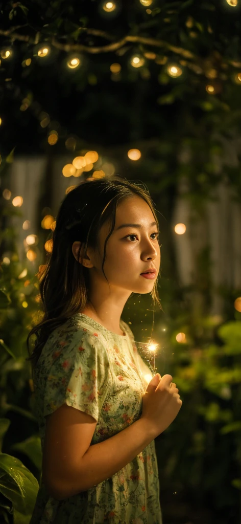 (8k, top quality, masterpiece: 1.2), (realistic, photorealistic: 1.37), super detail, one girl, wide angle of view, firefly garden, lots of small faint light and fireflies flying around, night