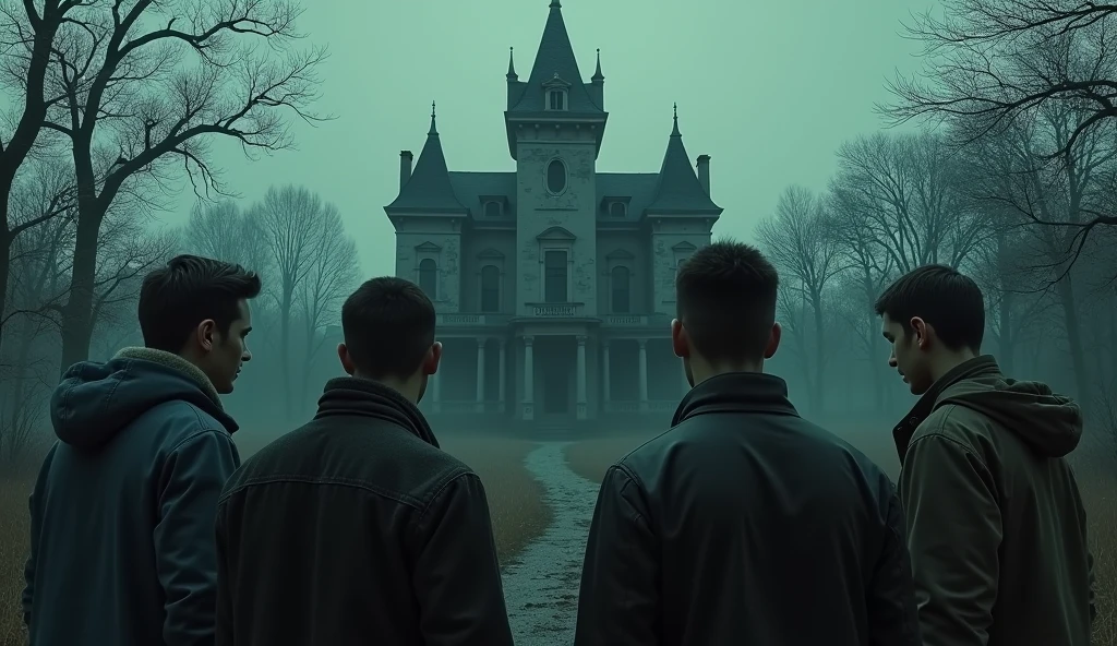 Four man standing outside the haunted mansion, looking both nervous and excited.