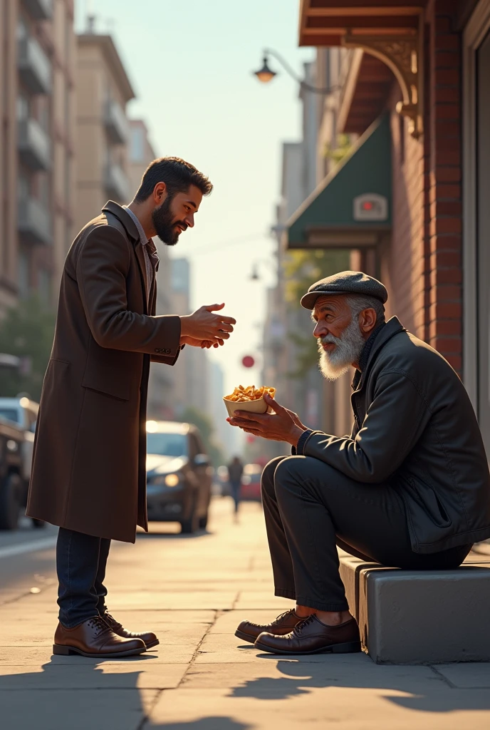 Giving food to an homeless man in road