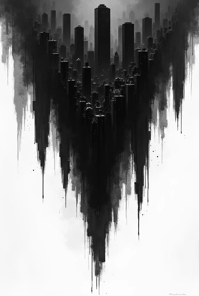 Create a dark city with black ink and slashes, with a reflection upside down that is the same city but destroyed