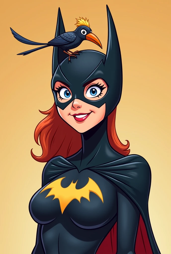 A hot batwoman and a tiny hornbill bird that is smaller than her neck sitting on top of her head. Make it all cartoony and the bird cute.