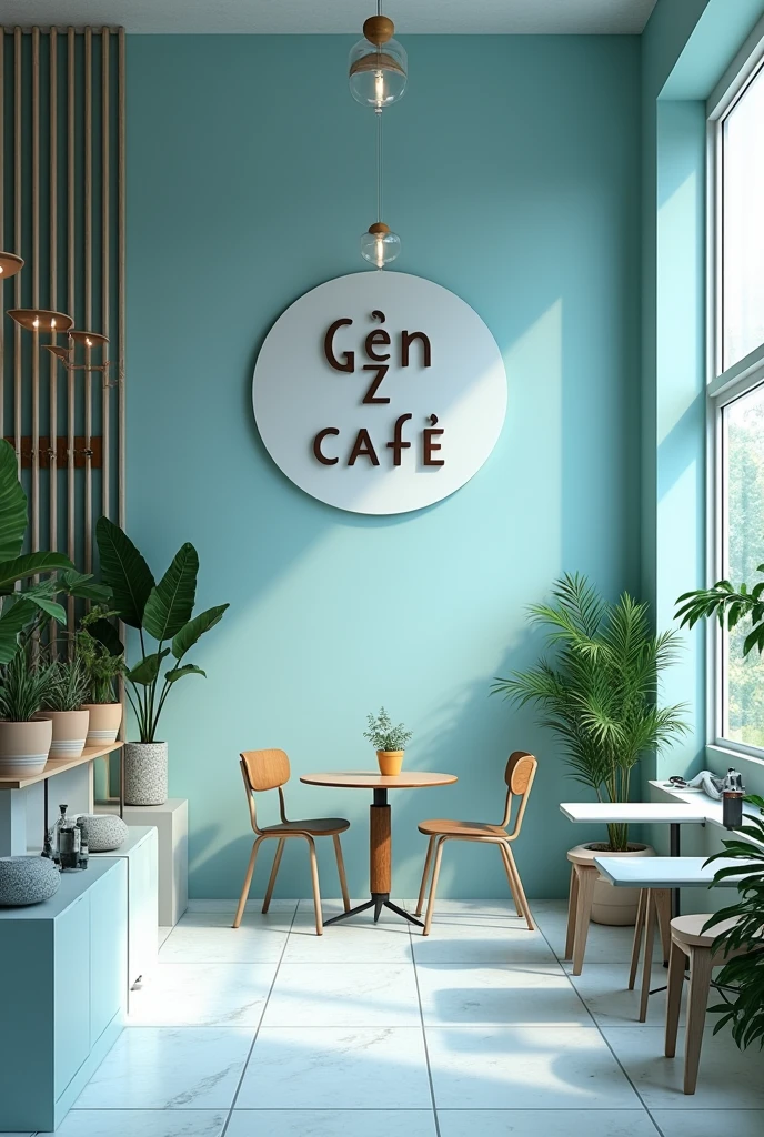 I want an image which will be the first screen shown to the user on a resturant app whose name is Gen Z Cafe without people and in portrait view and should be attractive to genz with aesthetic way and light blue theme
.