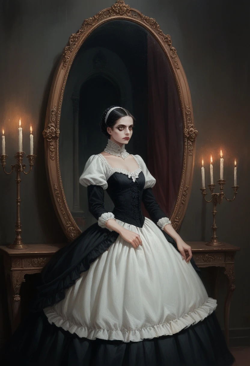gothic style room, scary, aristocratic room, night, no light, No people, red wallpaper, no light