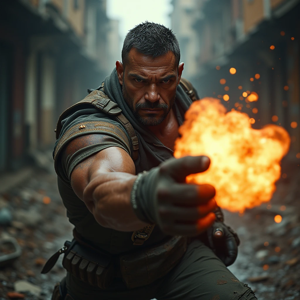 A fierce man in a dynamic pose, holding a grenade in one hand and throwing it with intensity, dramatic lighting and motion blur, gritty urban background, high detail, cinematic style