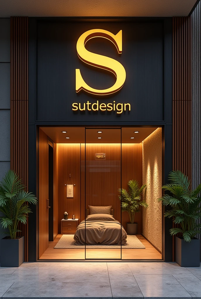 Here is the storefront design for the spa named "Sutdesign" with a luxurious and modern aesthetic, featuring a gold logo. Let me know if there's anything you'd like to adjust
