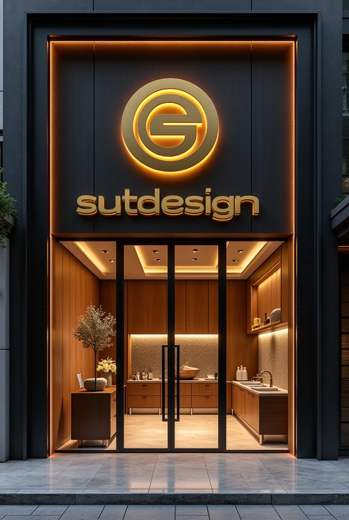 Here is the storefront design for the spa named "Sutdesign" with a luxurious and modern aesthetic, featuring a gold logo. Let me know if there's anything you'd like to adjust