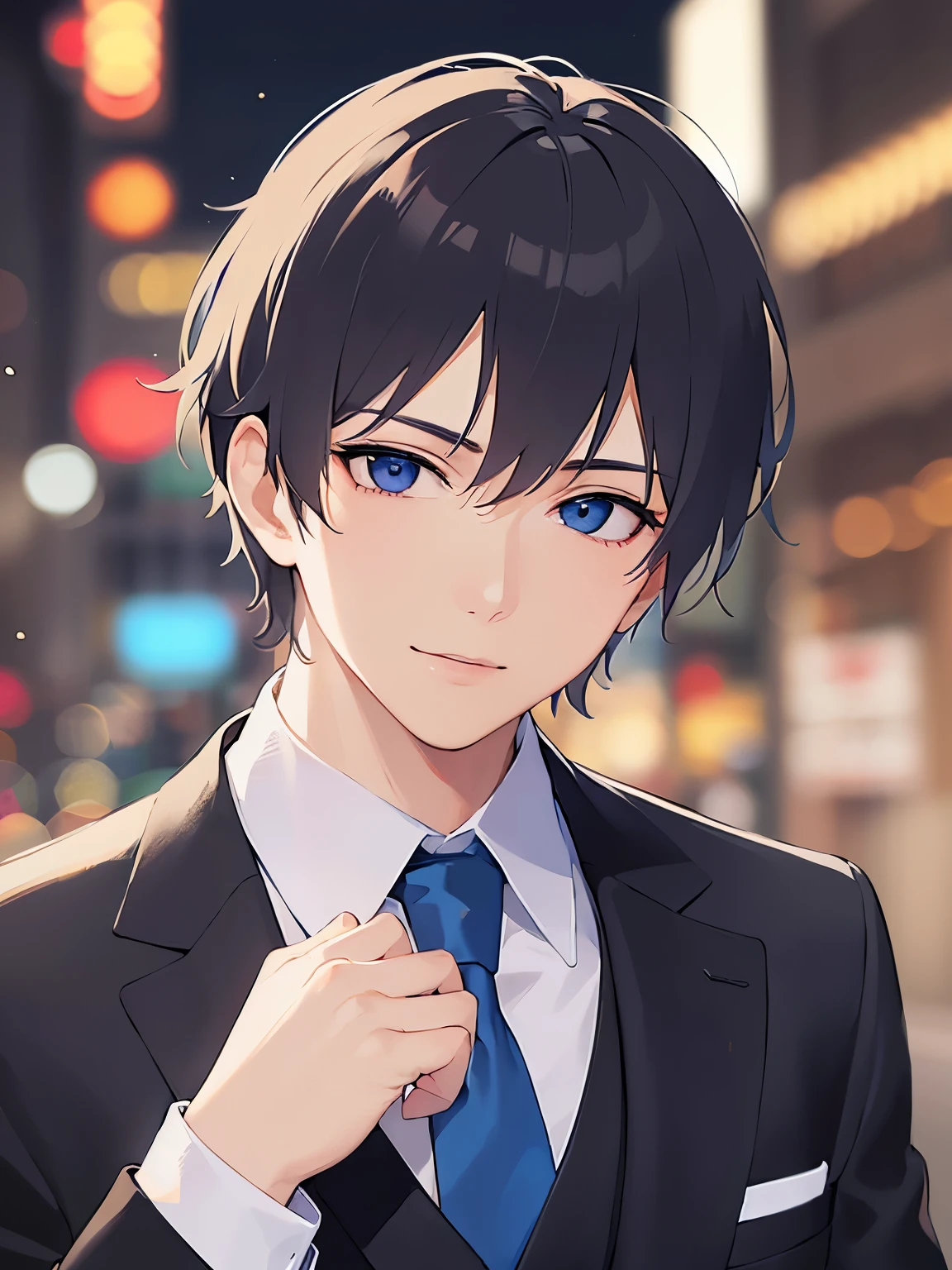 hand up, Biologically correct five fingers、upper body、shiny skin, masterpiece、Highest quality、(2 male:1.5) and (Black short hair) and (blue eyes), (Wearing a suit:1.5) and (Blue tie)、smile、The background is a shopping street at night、(Alone:1.5)
