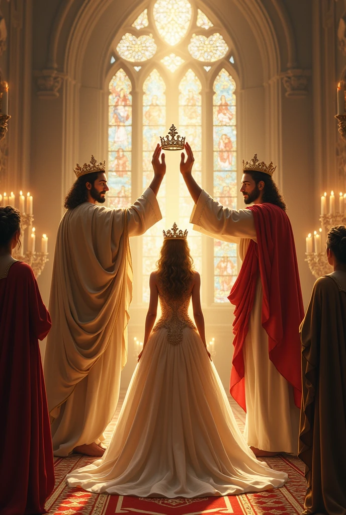 Princess being crowned by the hands of the Lord Jesus Christ and God himself in a royal church