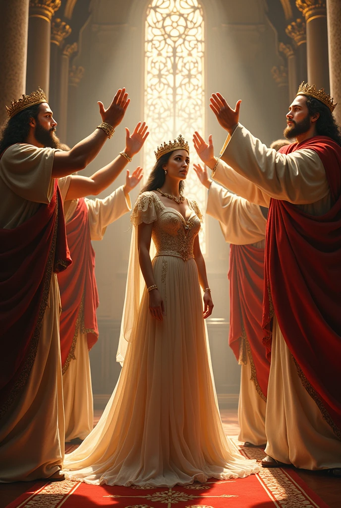 Princess being crowned by the hands of the Lord Jesus Christ and God himself in a royal church