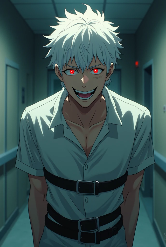 Man with white hair and red eyes, happy, with a smile, with a straitjacket, inside a room in a psychiatric hospital. anime.