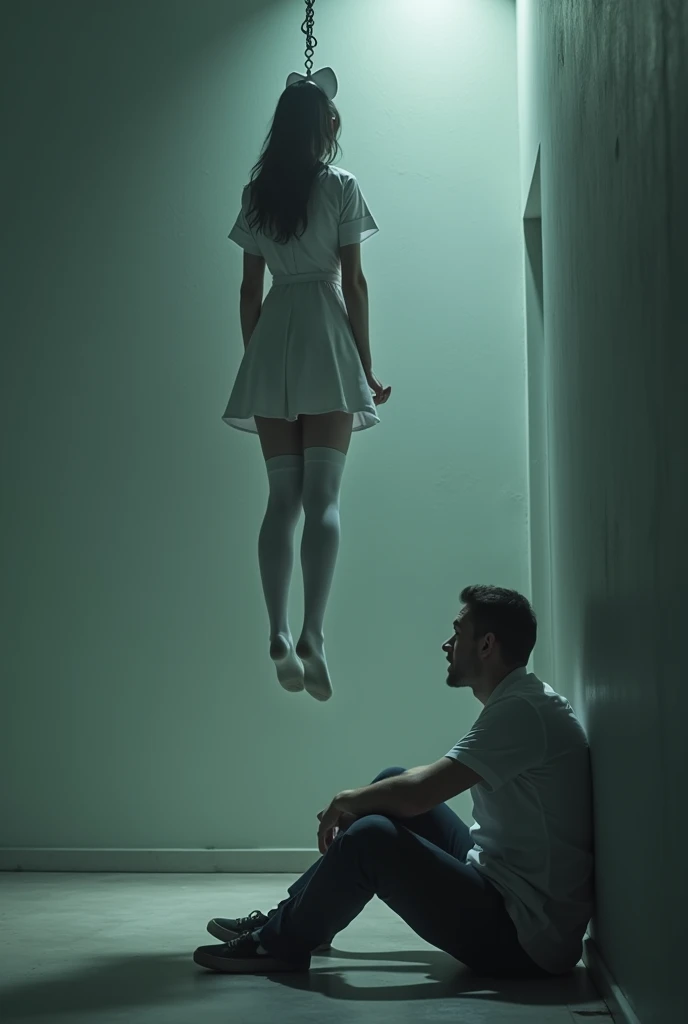 Scene of female nurse hanging herself in white thigh high socks ,hovering in the air , a man sitting on the ground in panic
