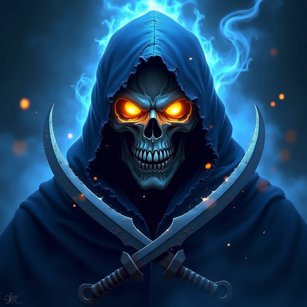 a heavily detailed dark fantasy esports logo, a menacing skull with glowing golden eyes and a sinister grin, shrouded in a tattered dark blue hooded cloak made of mystical flowing energy, ghostly ethereal with vibrant blue-dark highlights, two curved sharp “crossed karambit” knives from CS:GO partially visible beneath the cloak, powerful aggressive competitive spirit, deep blues blacks vibrant gold white highlights, strong mysterious fierce identity