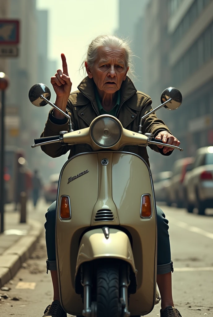 A thin grandma doing GTA heist on a motor scooter and flipping a finger 