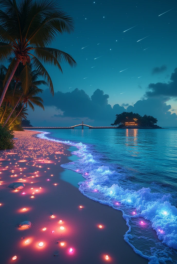 (Dusk sunset),The beach is covered in blue and green fluorescent light,(Many beautiful colored stones like glass are scattered all over the beach,Beach with HD quality)(Very beautiful various luminous stones sparkling all over the beach,Crystal clear),(beautiful beach,starry sky,Dreamy style,Dreamlike scene,HD Photography,star-sparkled,Shooting star,Flowers floating in the water,Coconut trees grow along the coastline,Small bridges and flowing streams lead to distant islands,Wide-angle view,Teal blue color toned,Fluorescent waves rolling on the beach,Seaside style,Rose petals scattered around the coast), Elf Light,star,Light spot,the sea with fluorescence,the shining golden beach,Matte by Michael James Smith,reflection,CG Rendering,Volumetric Light,Space Art,Bioluminescence,Unreal Engine 5,The magic of light,Unreal Engine Rendering,Ultra wide angle,Ultra wide angle,HD。