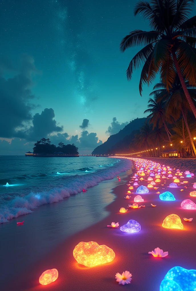 (Dusk sunset)，The beach is covered in blue and green fluorescent light，(Many beautiful colored stones like glass are scattered all over the beach，Beach with HD quality)(Very beautiful various luminous stones sparkling all over the beach，Crystal clear)，(beautiful beach，starry sky，Dreamy style，Dreamlike scene，HD Photography，star-sparkled，Shooting star，Flowers floating in the water，Coconut trees grow along the coastline，Small bridges and flowing streams lead to distant islands，Wide-angle view，Teal blue color toned，Fluorescent waves rolling on the beach，Seaside style，Rose petals scattered around the coast), Elf Light，star，Light spot，the sea with fluorescence，the shining golden beach，Matte by Michael James Smith，reflection，CG Rendering，Volumetric Light，Space Art，Bioluminescence，Unreal Engine 5，The magic of light，Unreal Engine Rendering，Ultra wide angle，Ultra wide angle，HD。