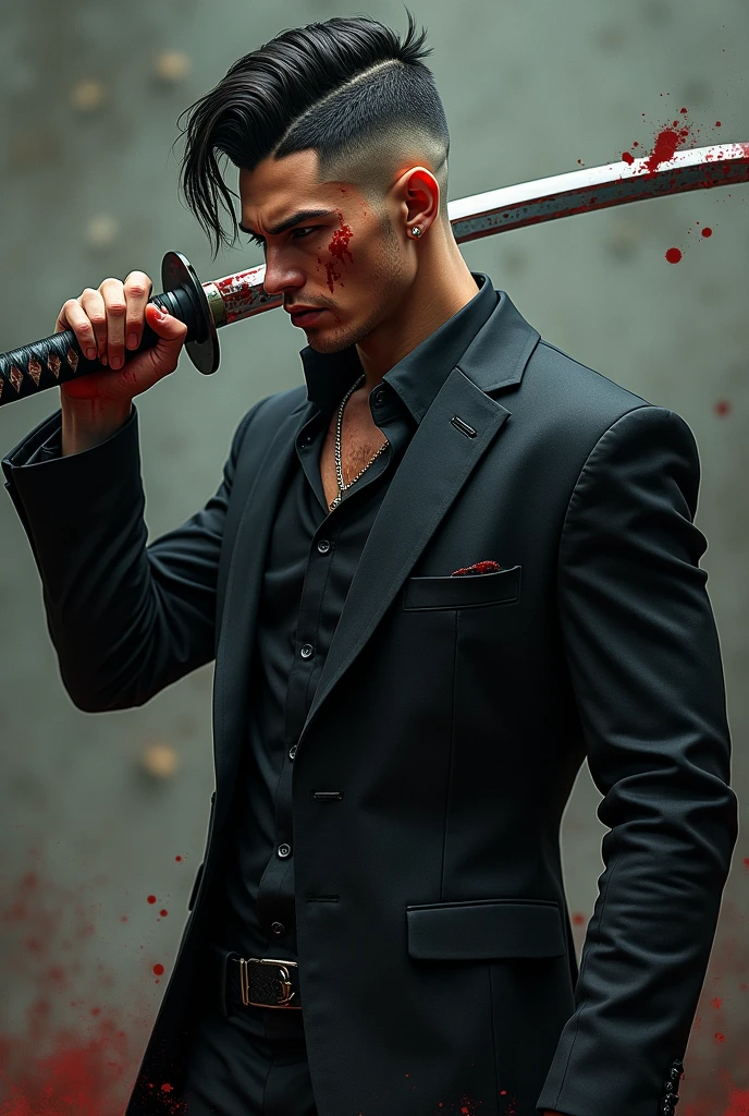 Man with katana sword an fade undercut stylish hairstyle, blood on his body and face