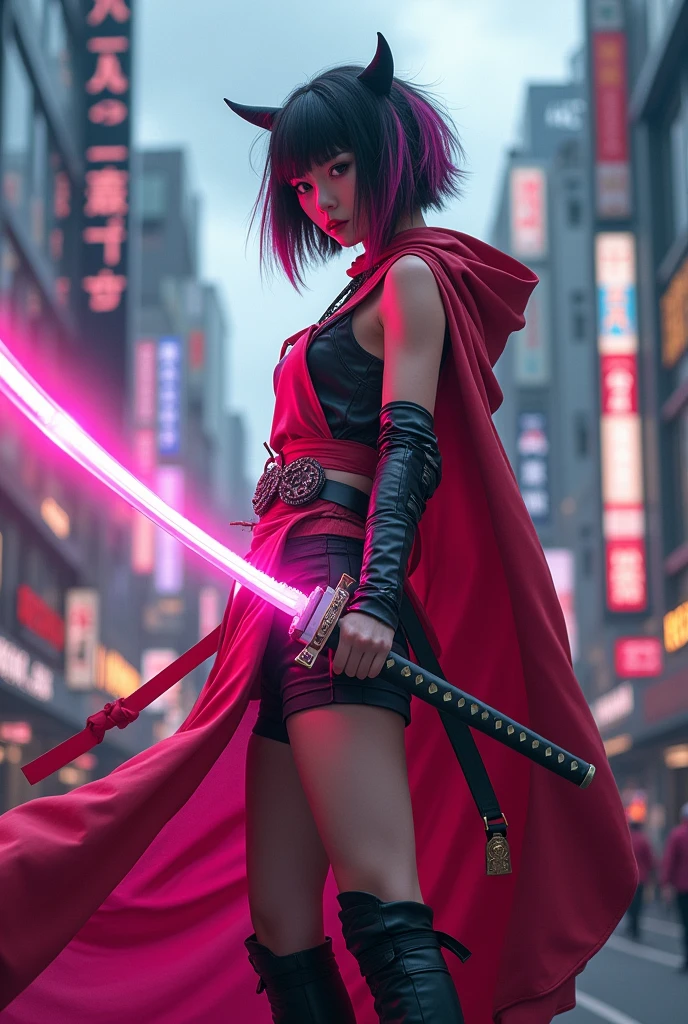 Best quality, masterpiece, ultra high res, (photorealistic:1.4), raw photo, Japanese woman, 26 y.o, cinematic lightning, short black and pink hair, holding a katana with pink aura, oni mask, red cloak, elbow pads, black and pink leather shirt, sleeveless, black shorts underneath a short pink apron skirt, boots, tokyo downtown, shibuya crossing, dark clouds, body shot, samurai pose