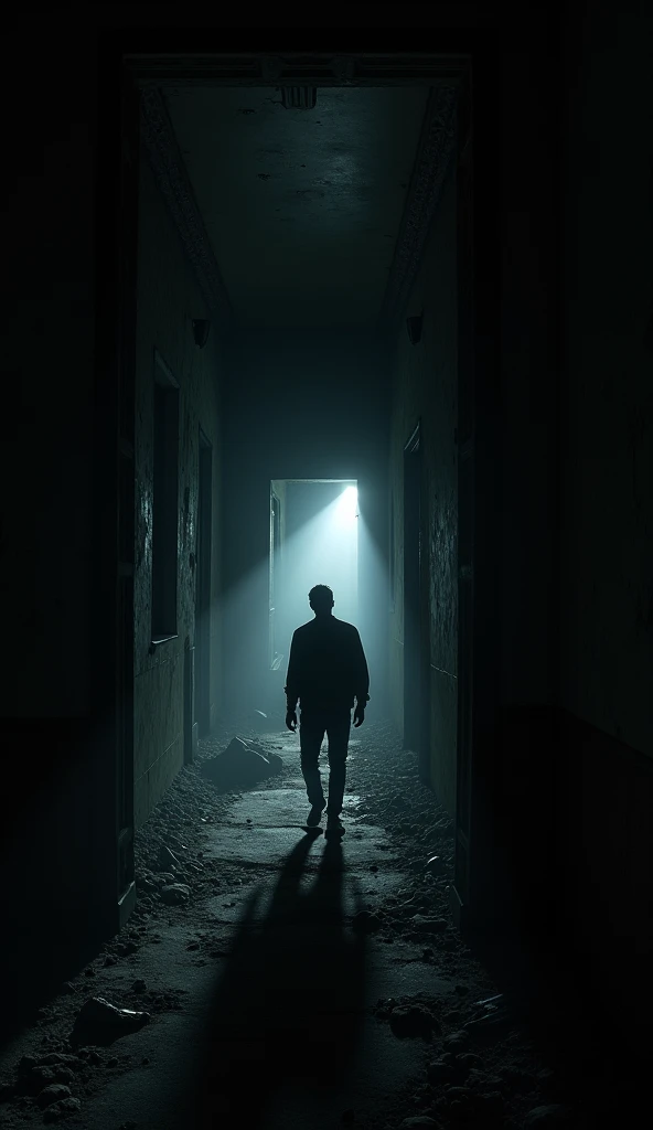 Man walking in an abandoned house in pitch darkness, 