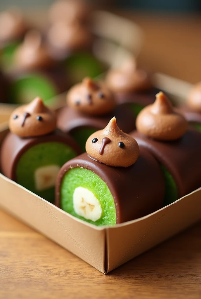 Choco banana roll is like a green roll, there are lots of rolls in a unique box coated with only melted chocolate cream on top in a green shapewith on top cartoon