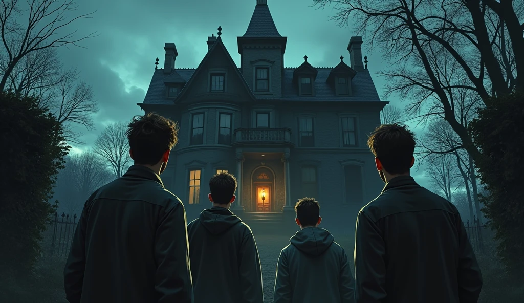 Four man standing outside the haunted mansion, looking both nervous and excited nighte
