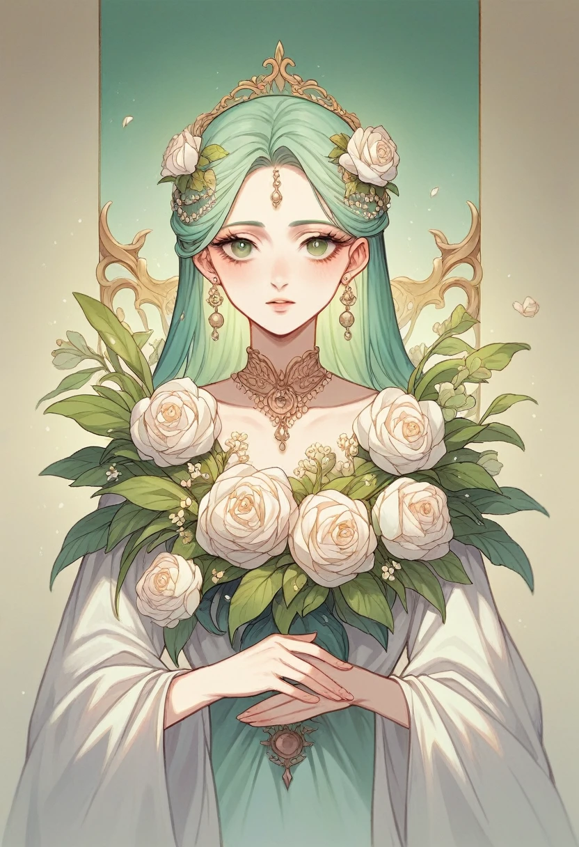 "Create a soft and elegant background with a gradient transitioning from white at the top to a subtle peach at the bottom. Scatter delicate flowers throughout the scene, adorned with small beads and pearls, adding a touch of luxury. The flowers should be placed strategically, with some in the upper left corner and others in the bottom right, creating a balanced composition. The overall lighting should be soft and warm, enhancing the gentle transition between white and peach, perfect for a refined and beautiful jewelry display."