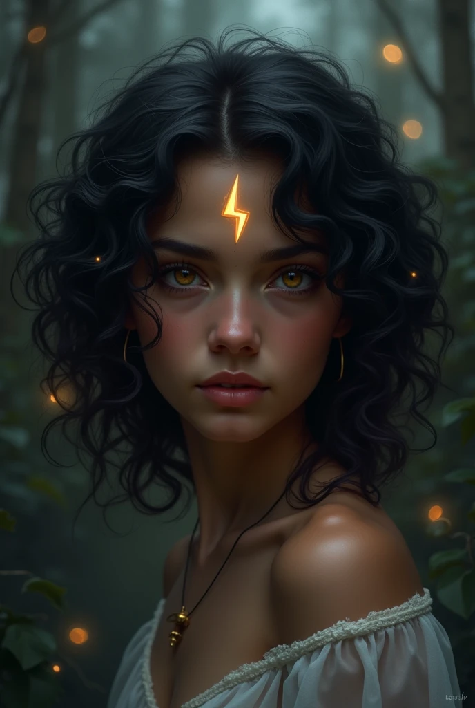 Beautiful girl with dark slightly tanned skin, black curly hair, Hazel eyes and a lighting bolt scar