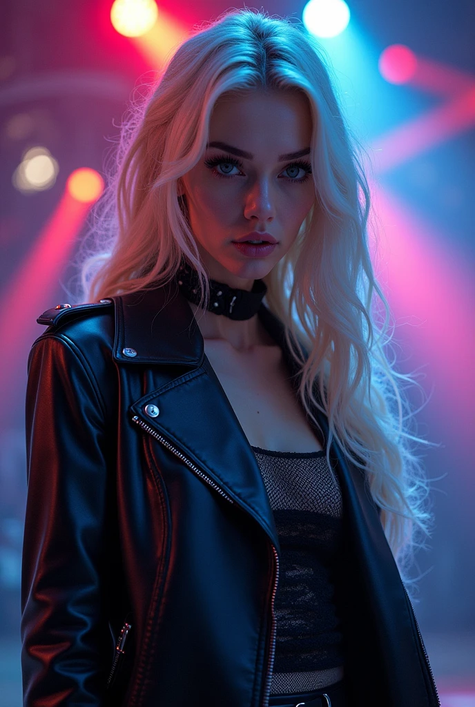 A woman with pearlescent hair and eyes, cloaked in a black leather jacket adorned with fishnet detailing, stood under colorful spotlights. Her voice filled the air with enchanting melodies as the lights danced around her like playful fireflies. The image, whether a painting or photograph, captured the ethereal beauty of this mysterious singer. Every detail, from the shimmering hair and captivating gaze to the intricate leather and delicate fishnet, exuded a sense of otherworldly allure. The overall composition and quality of the image were truly mesmerizing, drawing viewers in with its mesmerizing charm and elegance.