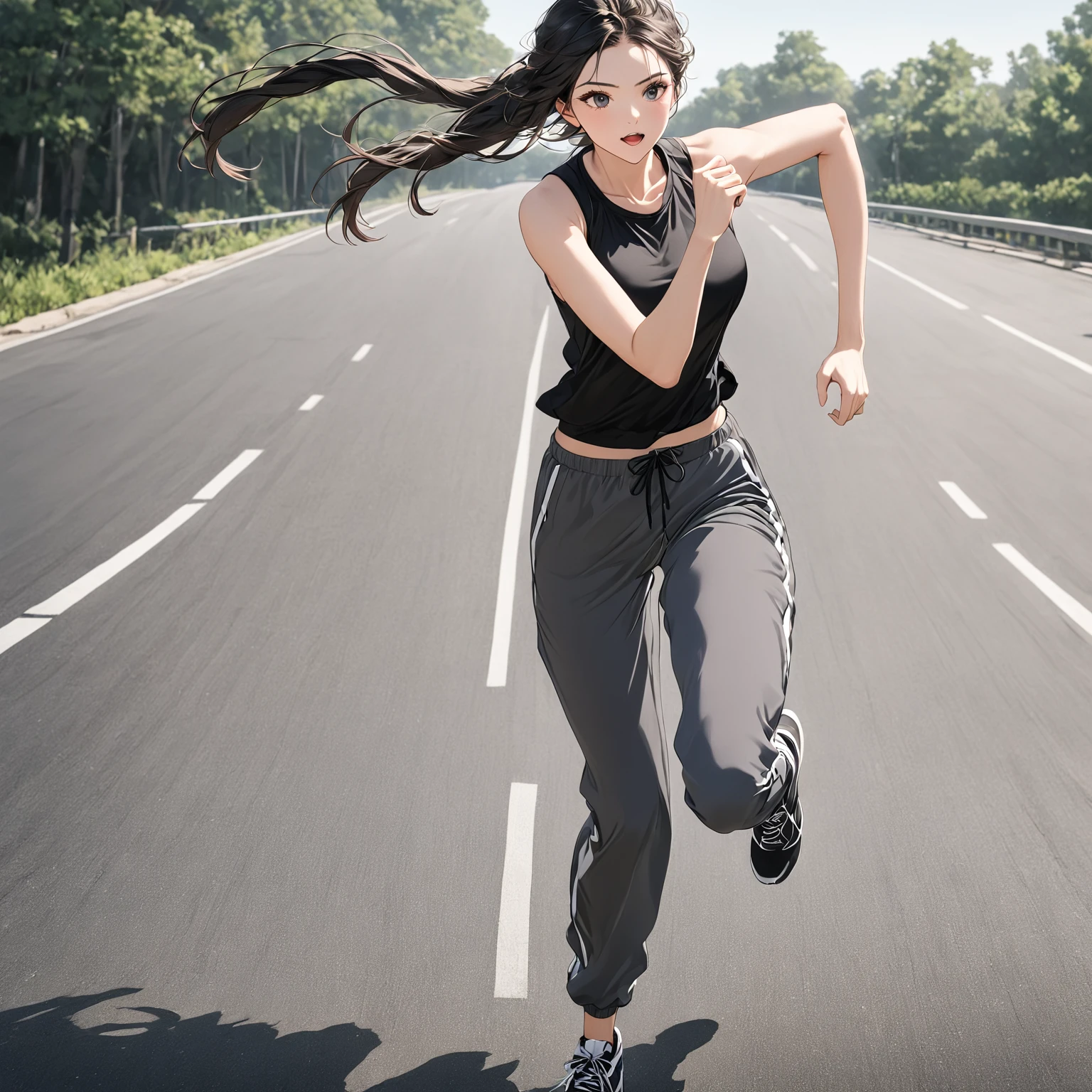 Woman in gray pants with front pockets, running on the road, running pose, jogging, panting, modern casual wear, sleeveless wear and sweatpants, detailed product shots, casual modern fashion, loose flowing clothes, tracksuit, casual wear, high-tech athletic wear, vertical view of women