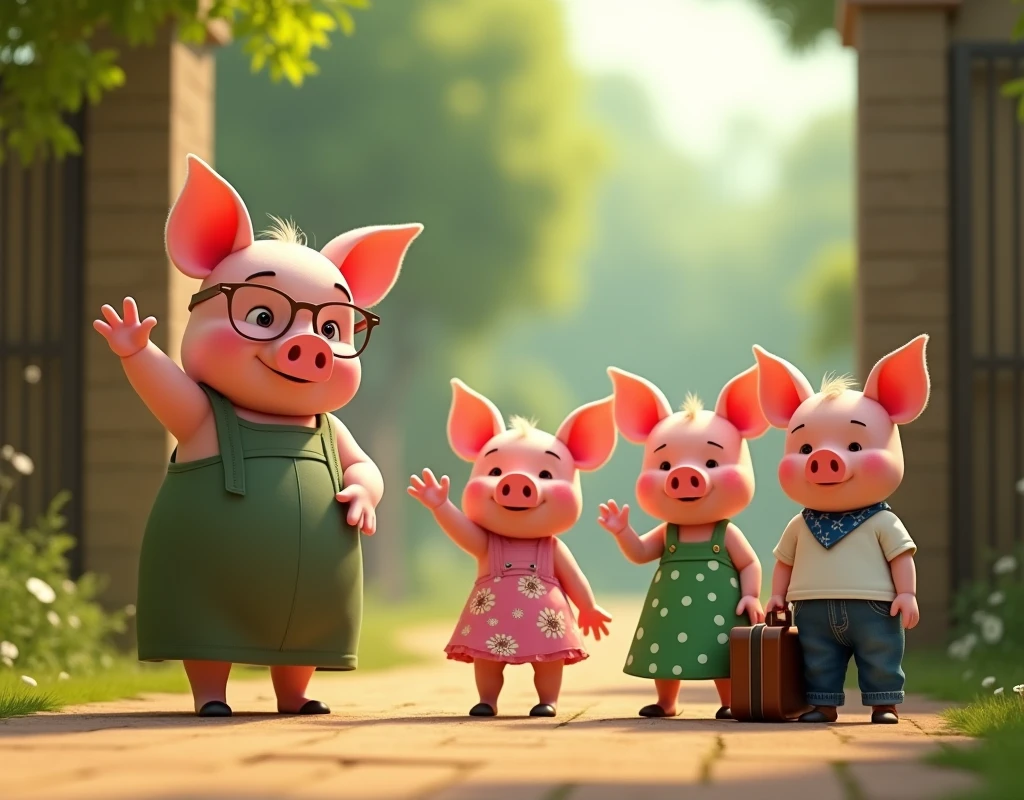 pixar style, 3d, 3 cute happy piglets and 1 mother pig. The mother pig is on the left, wearing glasses and a long dress and waving bye at the gate. The three small piglets are of same height on the right side and looking at mother pig and waving bye. The piglets are outside the village gate carrying suitcases looking back at mother pig and waving goodbye. One piglet is wearing pink dress with white flowers holding a pink suitcase, second piglet is wearing green dress with white polka dots is holding a green suitcase, third piglet is wearing white t-shirt blue jeans and a blue bandana is holding a blue suitcase, game button art, Game illustration, lovely digital painting, artstation for kids art, Official artwork, key art, mobile game art, cover game art, zootopia concept art, (soft lighting:1.3), (green and earthy color scheme:1.3), (highly detailed), (ultra quality:1.3), (masterpiece), (digital art), 8K resolution, HDR, depth of field, (soft shadows), (photorealistic:1.3), (animation:1.2), (by Greg Rutkowski:0.9), (in the style of Alphonse Mucha), trending on ArtStation, award-winning art, 3d style