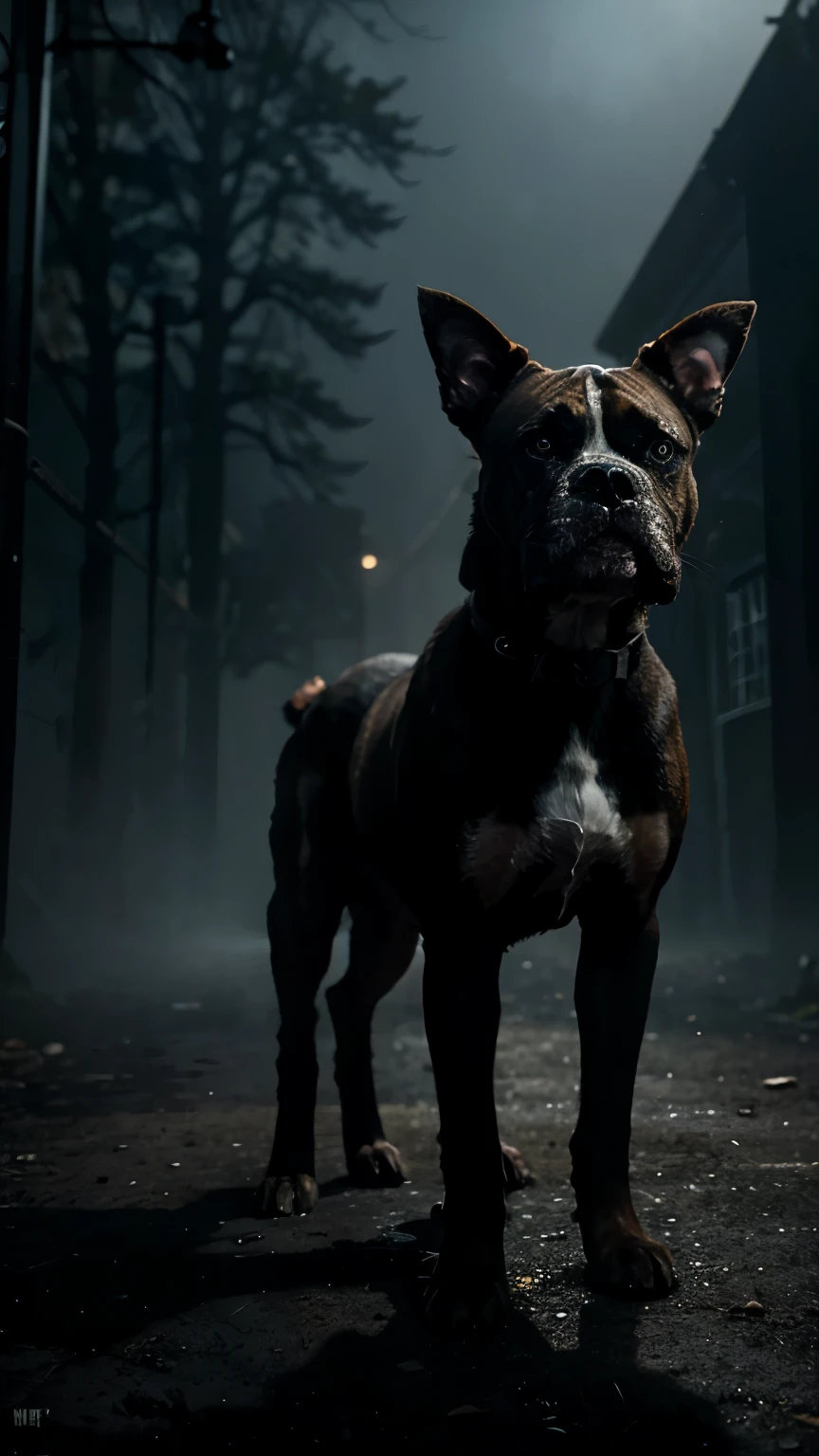 Create a realistic and terrifying image of a single dog, such as a Boxer , with a fierce expression, showing its teeth and intense, glowing eyes. The dog should have a muscular build, standing in a dark, eerie setting with shadows and mist, enhancing its menacing presence.