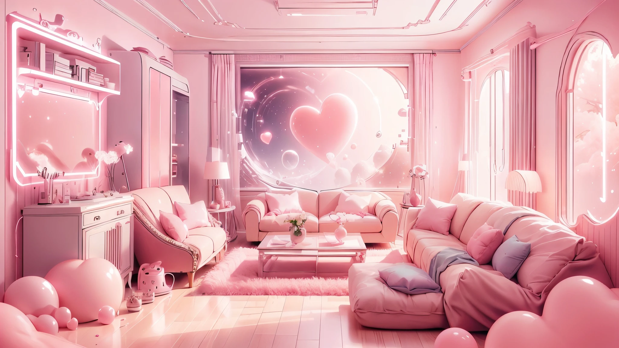 pink living room, kawaii room, ((no human, no people)), background