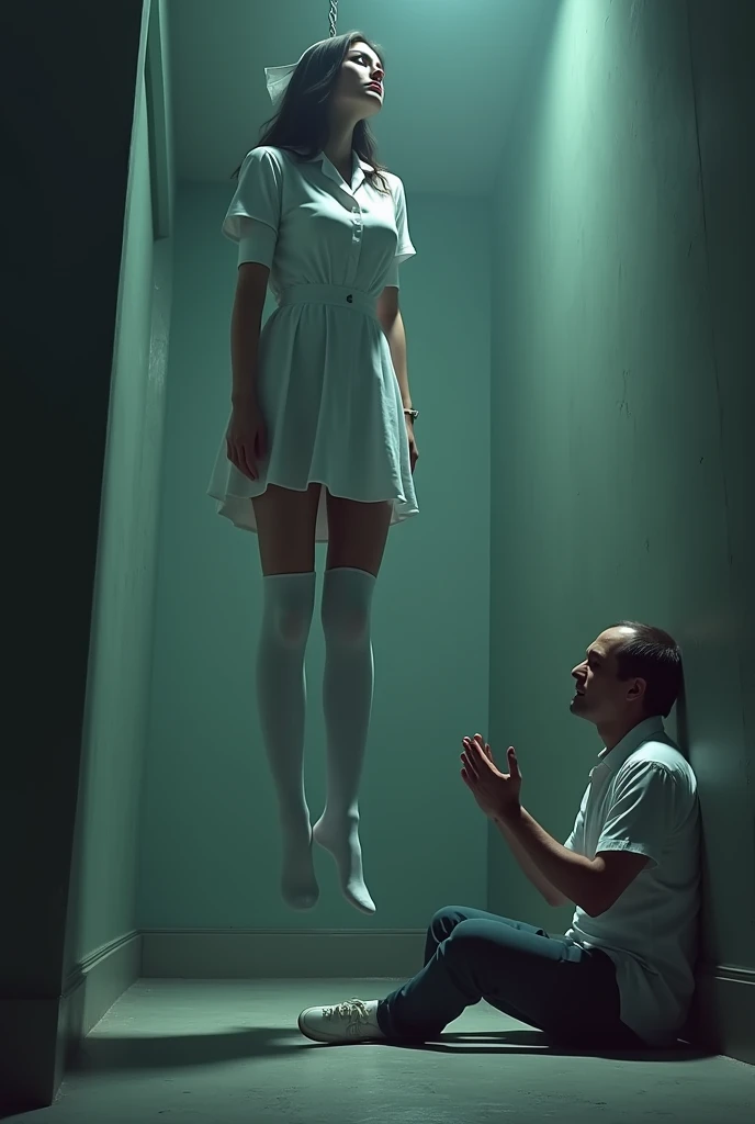 Scene of female nurse hanging herself in white thigh high socks ,hovering in the air , a man sitting on the ground in panic