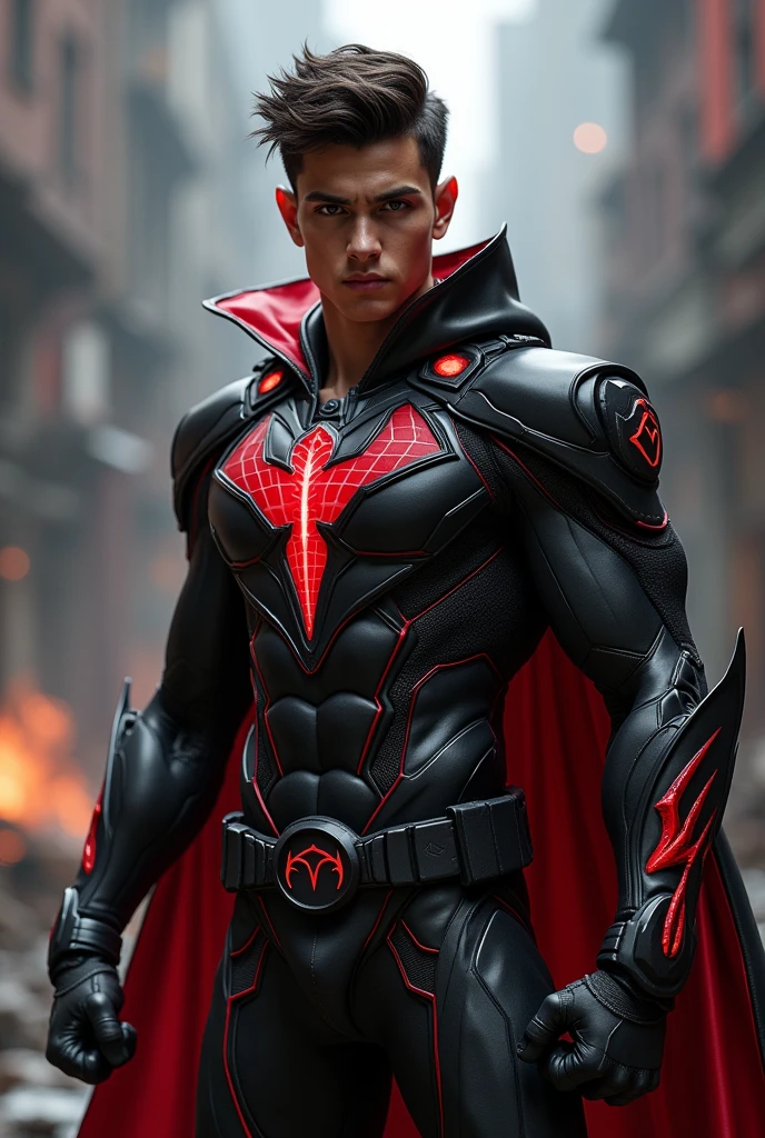 new super hero 2 boy with deamon powers and rad and black costume without mask