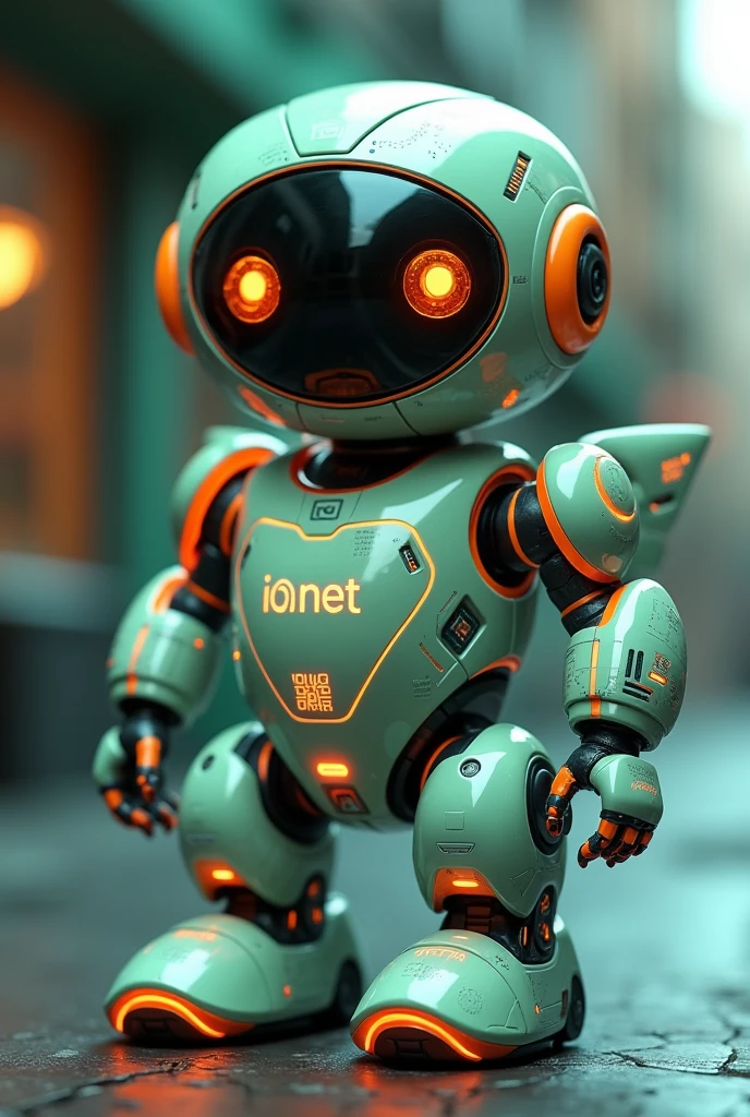 Theme: IONIX is a compact, friendly, futuristic robot with a modern design, blending advanced technology elements with the friendly, warm personality of a companion. Color: Using neon green and silver gray, combined with orange or yellow details to create a dynamic and technologically connected feeling. This color is not only attractive but also reflects the creative and modern spirit of IO.NET. Appearance: IONIX has a compact, flexible body, with big, round and bright eyes, showing intelligence and readiness to support. Small wings or mini jets on the back to represent the "take-off" and "growth" of the IO community. Symbol: On the chest or arm of IONIX is the IO.NET logo, combined with details such as QR codes or glowing outlines like electronic circuits, symbolizing connectivity and high technology.