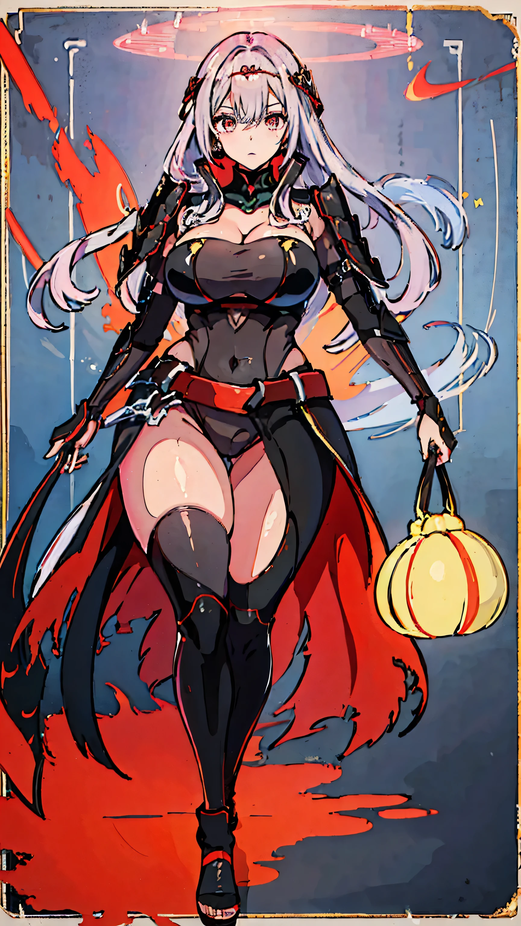 (Highest quality, 8k, masterpiece :1.3),Black Red Lotus,Nike, Goddess of Victory, One Woman,Voluptuous body,Perfect Anatomy,Silver Hair,No mismatch with the background,,Beautiful Eyes,Large Breasts,tall,Pause