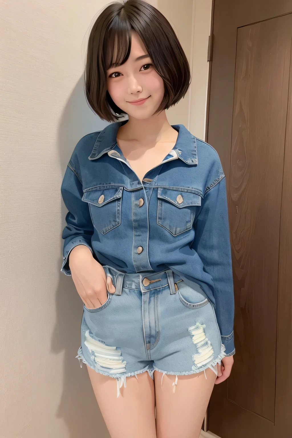 Beautiful girl in extremely short Showa-style denim shorts, short bob, shy smile